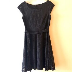 Impress Black Flower Lace A-Line Midi Dress with Self-Tie Waist, Sz M